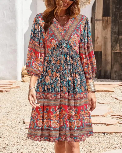 Vista 2 de BTFBM - Vestidos casuales de primavera y verano para mujer, cuello en V, manga larga 34, con volantes, floral, estilo bohemio, mini vestido de playa