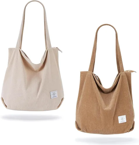 Vista 20 de KALIDI Bolsa Tote de Pana para Mujer con Cremallera Bolsa de Mano Casual Tote Bolsa de Hombro de Gran Capacidad con Bolsillos 1 negro y 1 blanco.