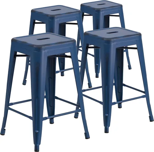 Vista 15 de Taburete de 24 pulgadas de alto para interior y exterior con asiento cuadrado., Metal, Negro