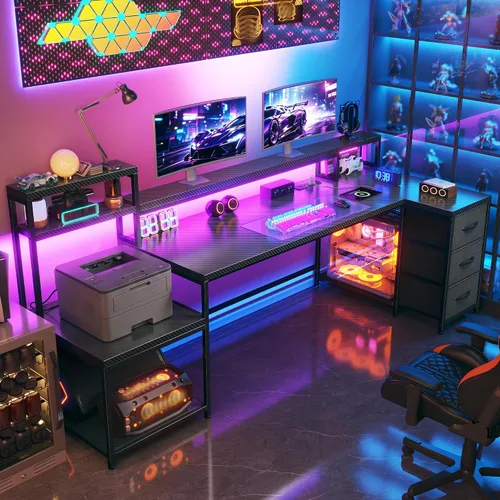 Vista 8 de Escritorio para juegos en forma de L de 71 pulgadas con 3 cajones y estante superior, escritorio para computadora con soporte para monitor y toma