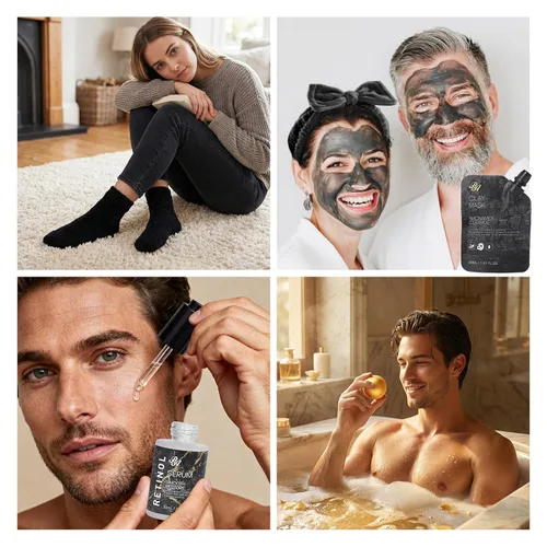 Vista 4 de 55 piezas de regalos de Navidad para mujeres y hombres, paquete de máscaras faciales de carbón, juego de cuidado de la piel, máscara de colágeno