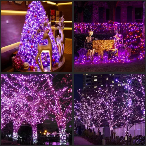 Vista 4 de Juego de 200 luces LED de Navidad moradas, paquete de 2 juegos de 25 pies, 100 luces LED de alambre verde (morado)