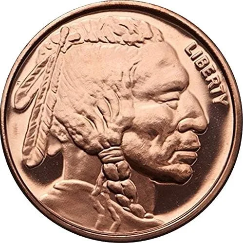 Vista 2 de Moneda redonda/desafío de cobre puro .999 de 1 oz (diseño de cabeza india de níquel búfalo)