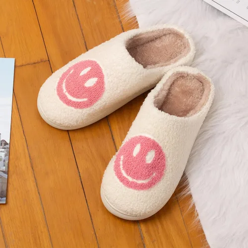 Vista 5 de DepiYorSn Happy Face - Pantuflas retro acogedoras y cómodas de felpa cálidas, pantuflas de invierno suaves y mullidas para interiores con espuma