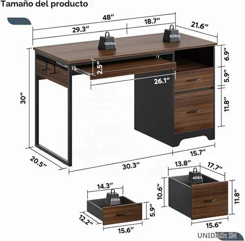 Vista 3 de Bestier - Escritorio de computadora de 48 pulgadas con cajones, escritorio de oficina con almacenamiento, escritorio de escritura de madera Cereza
