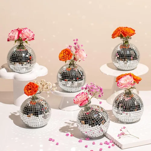 Vista 7 de 6 piezas de jarrón de bola de discoteca para centros de mesa, decoración de bola de discoteca, florero con espejo plateado para bodas, cumpleaños