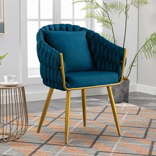 Vista 9 de BOSMILLER Sillas de comedor tejidas, modernas sillas de comedor con patas antideslizantes de metal dorado, respaldo alto curvado, silla de comedor