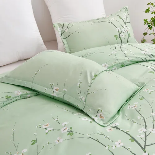 Vista 6 de WONGS BEDDING Juego de funda de edredón floral verde salvia Queen, 3 piezas juego de ropa de cama con estampado de flores de ciruelo con 2 fundas