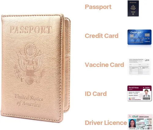 Vista 6 de Soporte para pasaporte y tarjetero de vacuna, cartera para pasaporte, funda para pasaporte con bloqueo RFID, Oro Rosa, Compacto