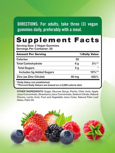 Vista 2 de Nature's Truth Gomitas de zinc para adultos 50 mg 60 unidades Suplemento extra fuerte vegano, sin OMG y sin gluten Sabor mixto de bayas