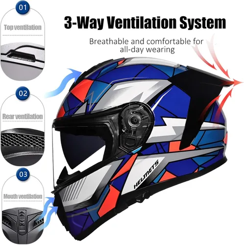 Vista 3 de Casco modular de motocicleta con Bluetooth abatible de cara completa aprobado por DOT FMVSS-218 con doble visera, multiventilación, diseño
