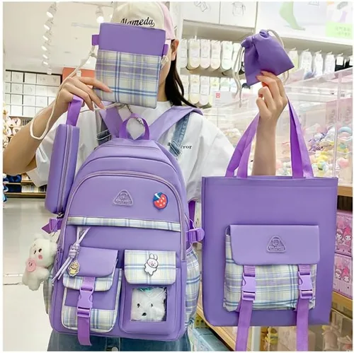 Vista 2 de Juego de 5 mochilas Kawaii con colgantes y alfileres Kawaii, accesorios estéticos, bolsas de libros con colgante, Púrpura, Moderno