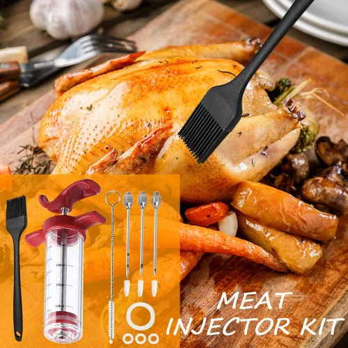 Vista 3 de Kit de jeringa-e para inyector de carne, inyector de pavo poroso de 3 agujas para carnes con cepillo de limpieza, inyector de adobo jeringa-e