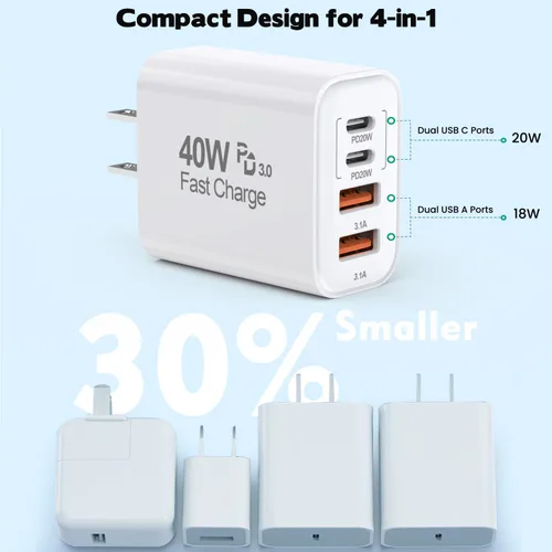 Vista 4 de Bloque de cargador de 40 W para iPhone 16 y 15, paquete de 2 cubos de carga rápida, 4 puertos USB tipo C de carga de pared PD&QC, adaptador de Apple