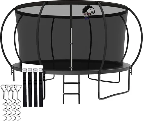 Vista 15 de Trámpolines de 1500 libras 8 10 12 14 15 16 pies para niños y adultos con red de protección, estacas para viento, aro de baloncesto, trámpolines