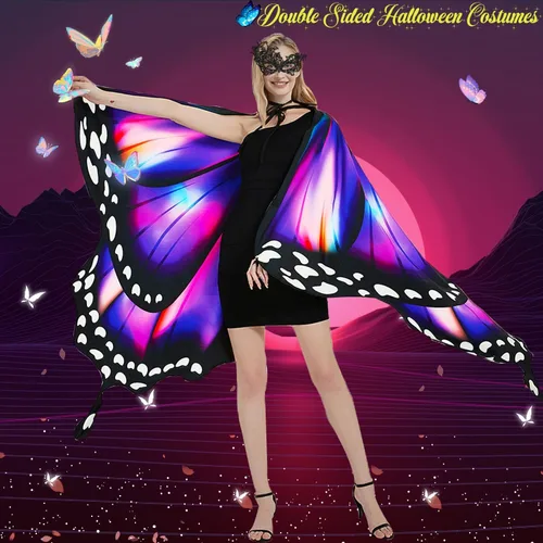 Vista 2 de DawnHope Disfraces de Halloween, alas de mariposa para mujeres y adultos, impresión de doble cara, alas de hada, capa para fiesta con máscara