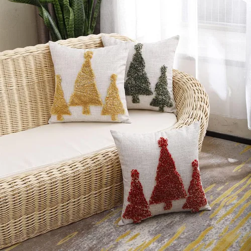 Vista 2 de vctops Funda de cojín cuadrada decorativa con diseño de árbol de Navidad, funda de cojín tejida suave con acento copetudo para sofá, dormitorio Verde
