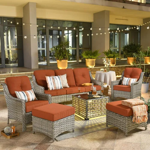 Vista 18 de ovios Muebles de patio al aire libre de 4 piezas con sofá de 3 asientos, juego de cubierta de mimbre de ratán con respaldo alto, sofá individual