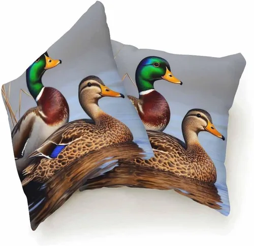 Vista 5 de Juego de 2 almohadas decorativas cuadradas con diseño de pato y pato verde para nadar en el lago para sofá y cama, para mujeres, hombres, niños
