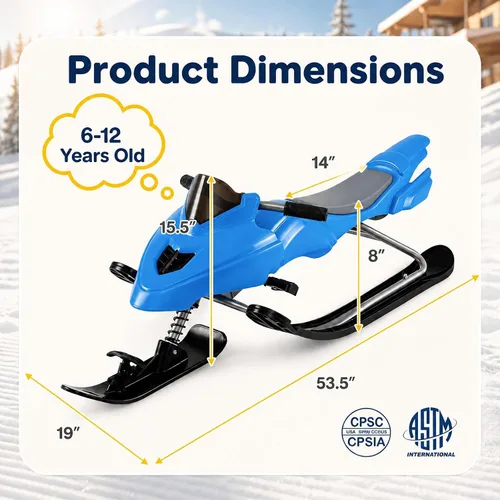 Vista 5 de GYMAX Trineo Snow Racer, trineo con manijas de dirección, frenos Azul