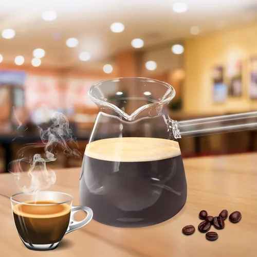 Vista 8 de Cafetera turca con mango lateral: olla de vidrio para café, té, leche, diseño compacto con boquilla en forma de V para vertido controlado - 15.2 fl