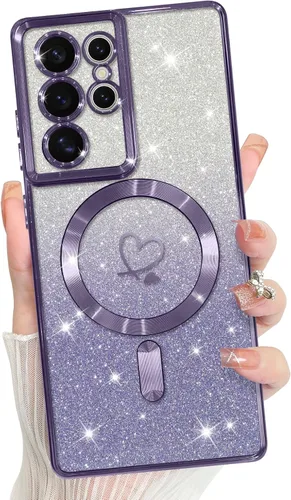 Vista 410 de Bonoma - Funda compatible con Samsung Galaxy S21 Plus, diseño de corazón con purpurina, color rosa Support for MagSafe, Plating Magnetic Case TPU