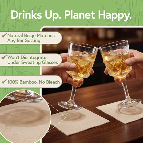 Vista 2 de Servilletas de cóctel desechables 100% bambú (paquete de 50) 2 capas con certificación FSC Servilletas biodegradables para fiestas, hogar o uso