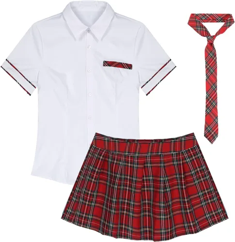 Vista 4 de Uniforme para mujer, disfraz de cosplay de manga corta, camisa de corbata con falda a cuadros, conjuntos de 3 piezas