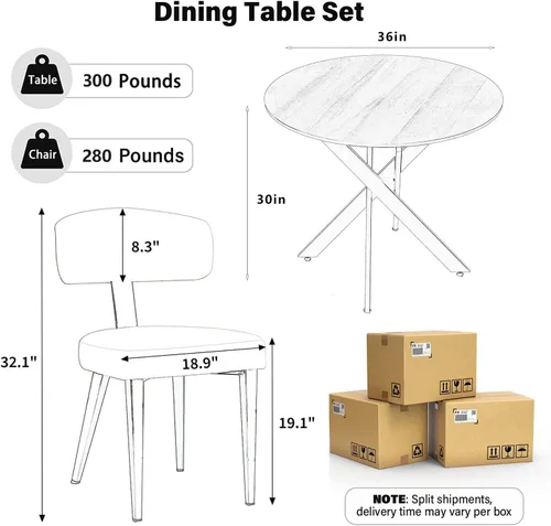 Vista 2 de Juego de mesa de comedor de madera para 2, mesa de cocina redonda de 36 pulgadas con 2 sillas de comedor Boucle, mesa de MDF con patas de metal