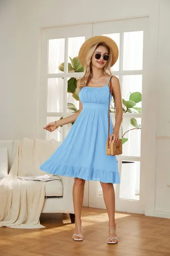 Vista 2 de GRACE KARIN Vestido floral con tirantes delgados para mujer, dobladillo con volantes, plisado, casual, vestido de verano, bohemio, vestido de playa