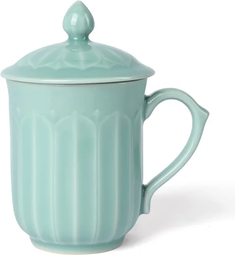 Vista 9 de Taza de té de loto de porcelana con tapa y asa, taza de café única de 12 onzas, apta para microondas y lavavajillas, regalos para mujeres y hombres