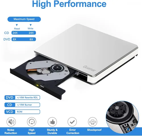 Vista 11 de Guamar Unidad de CD externa para Mac: Reproductor de quemador de DVD portátil para PC portátil con Windows 11 con ranura SD/TF 2 puertos USB - USB-C