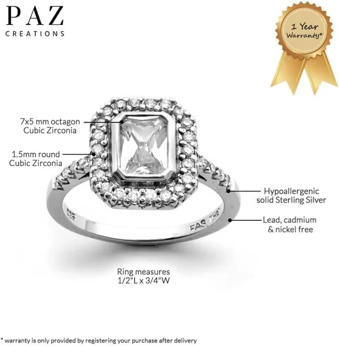 Vista 3 de PZ Anillo octágono de piedras preciosas, anillo de compromiso de plata esterlina