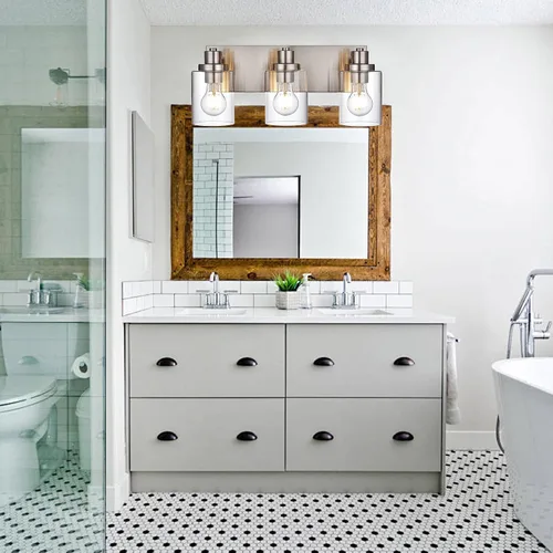 Vista 4 de Lámpara de tocador de baño de 3 luces de níquel cepillado, accesorios de iluminación sobre espejo con pantalla de vidrio transparente, modernos