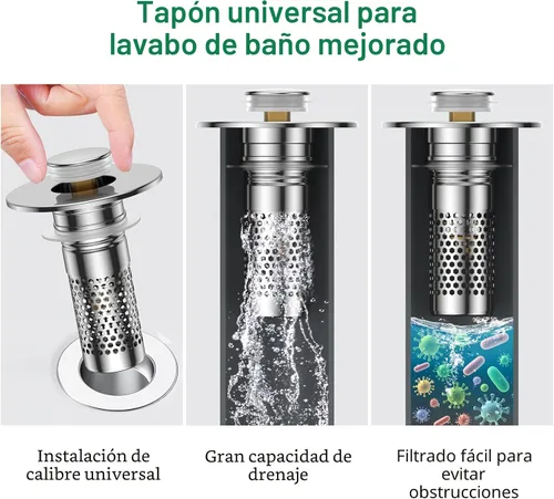 Vista 3 de Colador de Drenaje para Lavabo de Baño, Tapón Emergente Universal para Lavabo Recogedor de Pelo, Cesta de Filtro de Drenaje de Acero Inoxidable