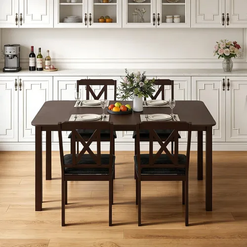 Vista 2 de Giantex Juego de mesa de comedor de 5 piezas para 4, mesa de cocina rectangular de 47 pulgadas y 4 sillas con patas de madera de goma, asiento