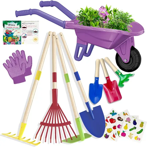 Vista 10 de Qtioucp - Juego de herramientas de jardinería para niños, juguetes al aire libre, juego de patio trasero con carretilla, juguetes educativos STEM