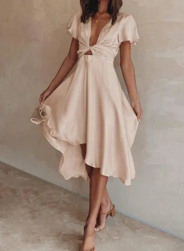 Vista 3 de miduo - Vestido largo de satén con cuello en V, volantes, manga corta, lazo frontal, cintura alta, longitud por debajo de la rodilla y acampanado