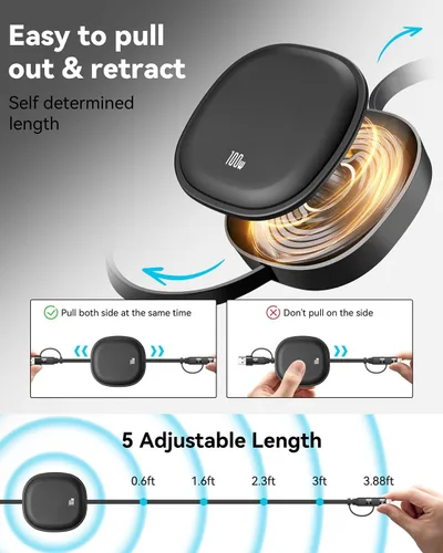 Vista 4 de Cable USB Tipo C Retráctil 5 en 1 de 100W, Paquete de 2 Cables de Carga Múltiple 5A Cable de Carga Rápida Cable USBC con USB A+C a L/C Accesorios