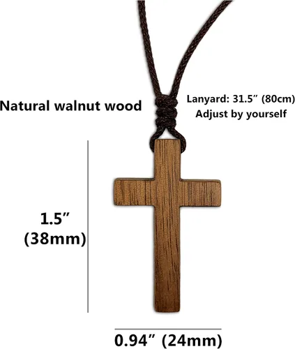 Vista 2 de Collar de cruz de madera de nogal natural para hombres y mujeres, collar con colgante de cruz de madera pequeña para hombres y mujeres, pequeña cruz