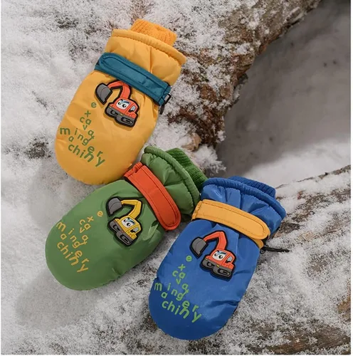 Vista 3 de Lindos guantes de esquí de dibujos animados para niños, guantes de nieve cálidos al viento con forro polar antideslizante, guantes deportivos