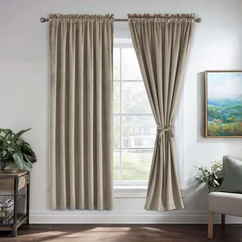 Vista 68 de JIUZHEN Cortinas de terciopelo beige de 63 pulgadas de ancho x 63 pulgadas de largo, cortinas de terciopelo retro suaves con bolsillo para barra