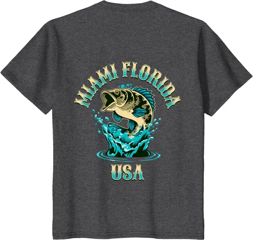 Vista 41 de Camiseta con diseño de pesca en la parte delantera y trasera de Miami Florida USA, Negro