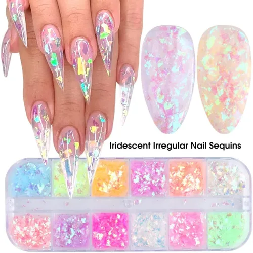 Vista 3 de 12 rejillas 3D de lentejuelas de uñas de sirena con purpurina con diseño holográfico, suministros de arte de uñas iridiscente con purpurina