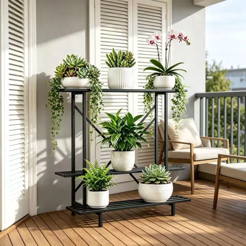 Vista 4 de Zhongma Soporte para plantas de 3 niveles que ahorra espacio, resistente para balcón, hogar, jardín, soporte de metal resistente para plantas