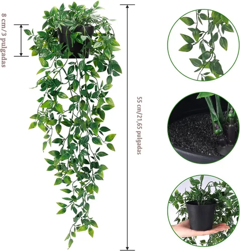 Vista 2 de Whonline Plantas colgantes falsas, plantas artificiales pequeñas en maceta para interiores y exteriores, estética, oficina, sala de estar