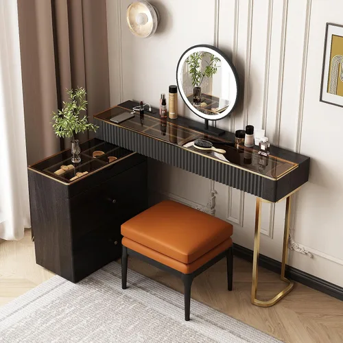Vista 5 de Lartis Tocador de maquillaje con taburete, muy fácil de montar, combinación de gabinete de TV retráctil, tocador en uno, súper almacenamiento