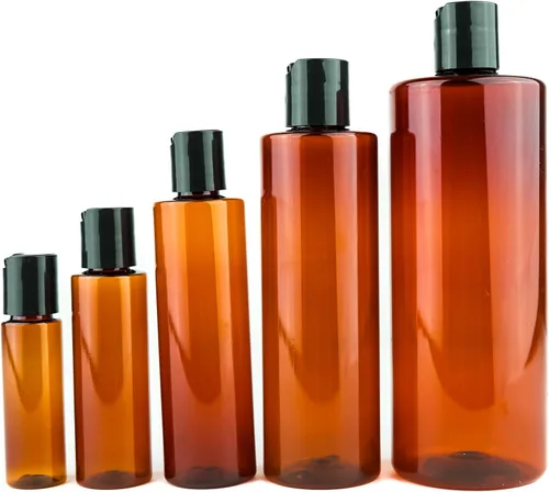 Vista 5 de Botellas de plástico ámbar (paquete de 12) – Botella de plástico ámbar de 1 onza con tapas de rosca; se utiliza como champú reutilizable, loción