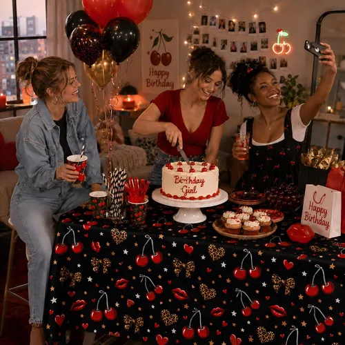 Vista 2 de Mantel de plástico con estampado de leopardo, 52 x 108 pulgadas, color negro y rojo, para fiesta de cumpleaños, mesa de pasteles, mesa de postres