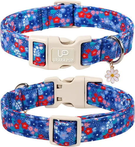 Vista 2 de Collar de perro floral azul, collar floral de algodón ajustable para primavera y verano con colgante de margarita, hebilla de liberación rápida